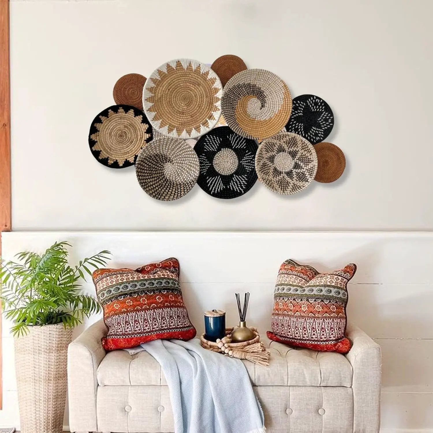 Set of 10 Handcrafted Boho Wall Basket Decor, Wall Hanging Baskets, Decorative Plates for Wall, Handmade from Vietnam Unique Wicker Wall Art Decor by GreenHaven Gardens