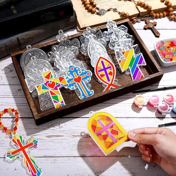 30 Sets Cross Suncatchers Window Art Kits, Christian DIY Sun Catchers Bulk Religious Crafts Paint Your Own Cross Window Ornaments for Boys Girls VBS Sunday School Classroom Home Party Decor by GreenHaven Gardens