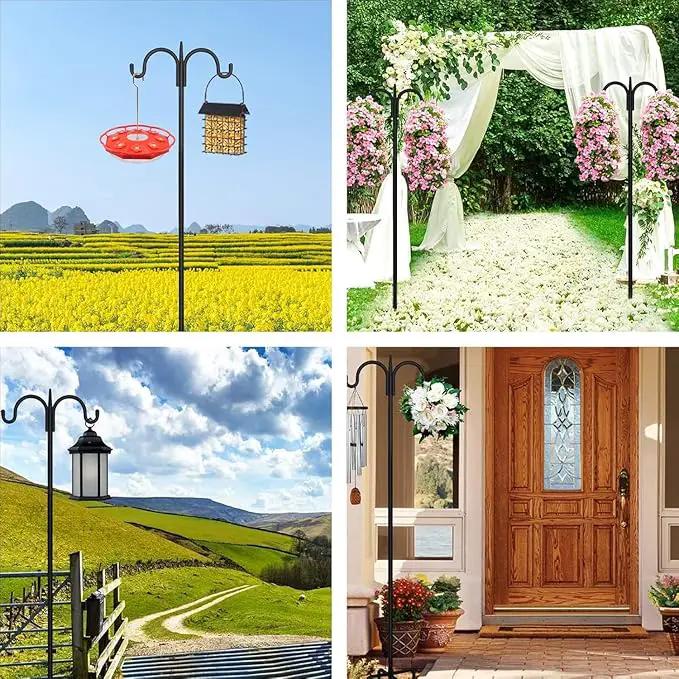 FEED GARDEN Adjustable Double Shepherds Hook for Outdoor with 5 Prong Base 63 Inch Heavy Duty Two Sided Bird Feeder Pole for Hanging Plant Baskets, Solar Light Lanterns, Wind Chimes 2 Pack by GreenHaven Gardens