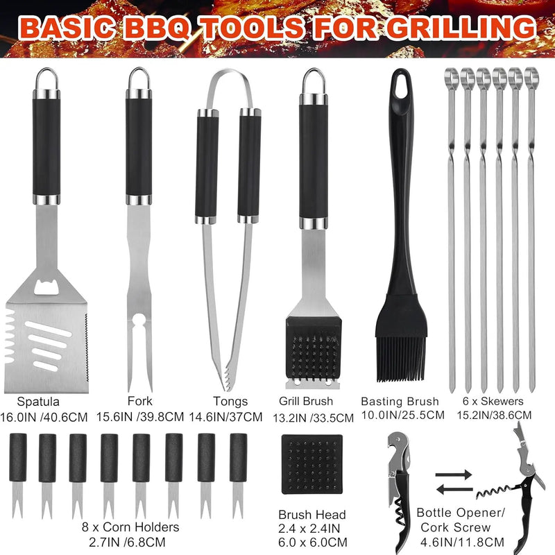 Grilljoy BBQ Accessories Grill Tools Set - 22PCS Stainless Steel Barbecue Grill Accessories for Outdoor Grill with Black Aluminum Case - Grilling Gifts for Men Dad -Grill Tools Kit by GreenHaven Gardens
