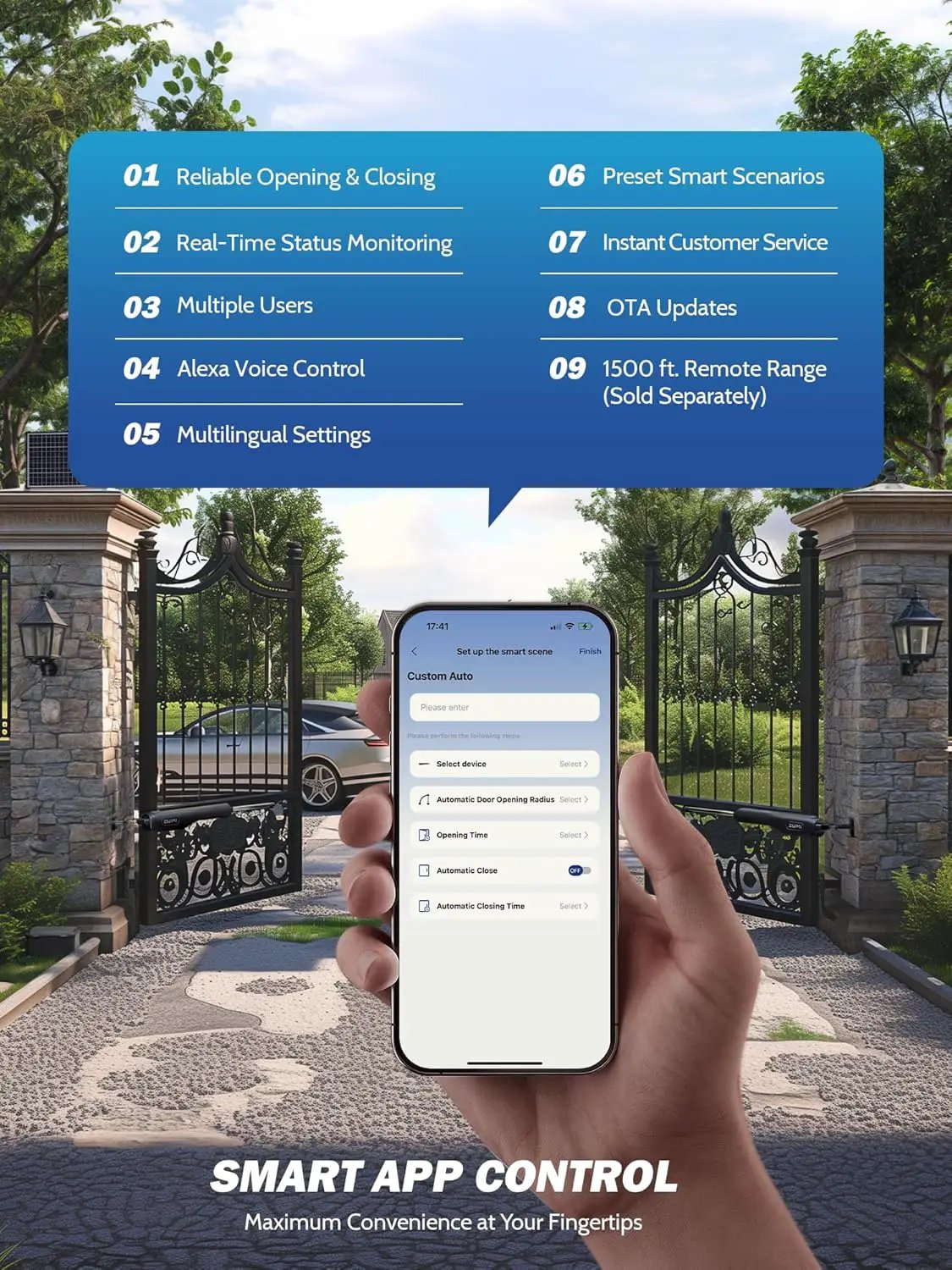ZUMI Automatic Gate Opener for Dual Swing Gates, App Control Swing Gate Opener for Gates up to 900lb*2 20ft, Electric Swing Gate Opener with Remote Control, Smart Gate Opening System for Home Driveway by GreenHaven Gardens