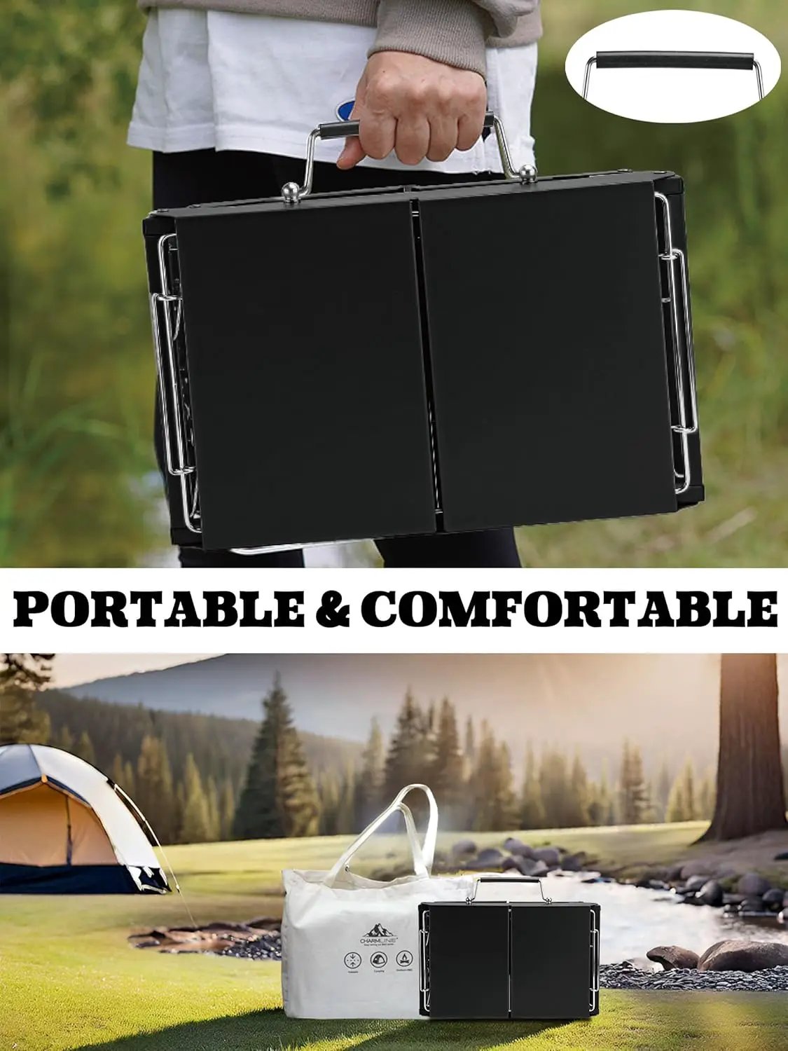 Charmline 14x9inch Foldable Portable Grill Charcoal, Compact Portable Grill for Outdoor Use, Desktop Charcoal Grill, BBQ Grill for Camping, Picnics, Gardens and Beach Parties, Green, Black by GreenHaven Gardens