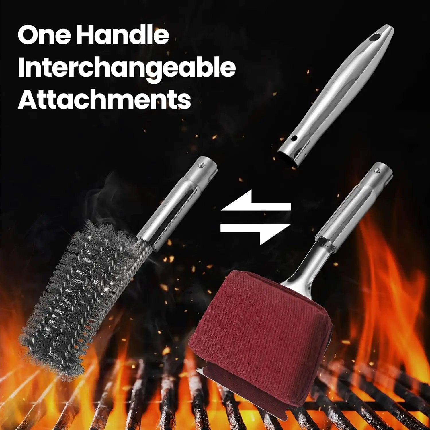 Stainless Steel Grill Brush Cleaning Kit, Grilling Accessories, Interchangeable BBQ Brush & Griddle Scraper with Fire-Resistant Cleaning Sponge, Dishwasher Safe Grill Cleaner, BBQ Accessories by GreenHaven Gardens