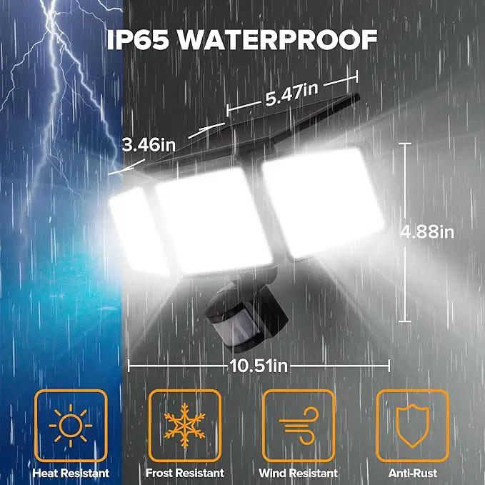 UME Solar Outdoor Lights 302 LED 3000LM, IP65 Waterproof Motion Sensor Outdoor Lights, 3 Heads Solar Security Flood Lights 270 Wide Lighting Angle with 3 Modes for Garden Patio Yard by GreenHaven Gardens