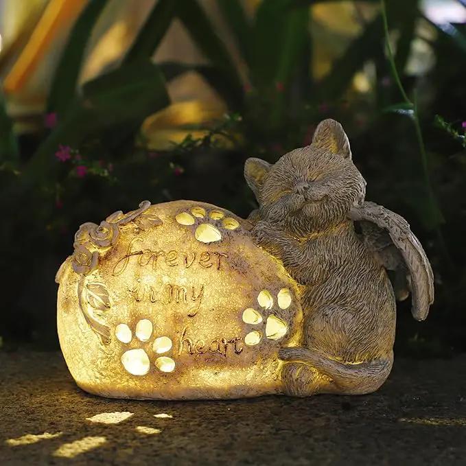 Cat Memorial Gifts Outdoor Statue with Solar Lights,Outdoor Resin Pet Ornament Grave Memorial Angel Decor Stone Effect by GreenHaven Gardens