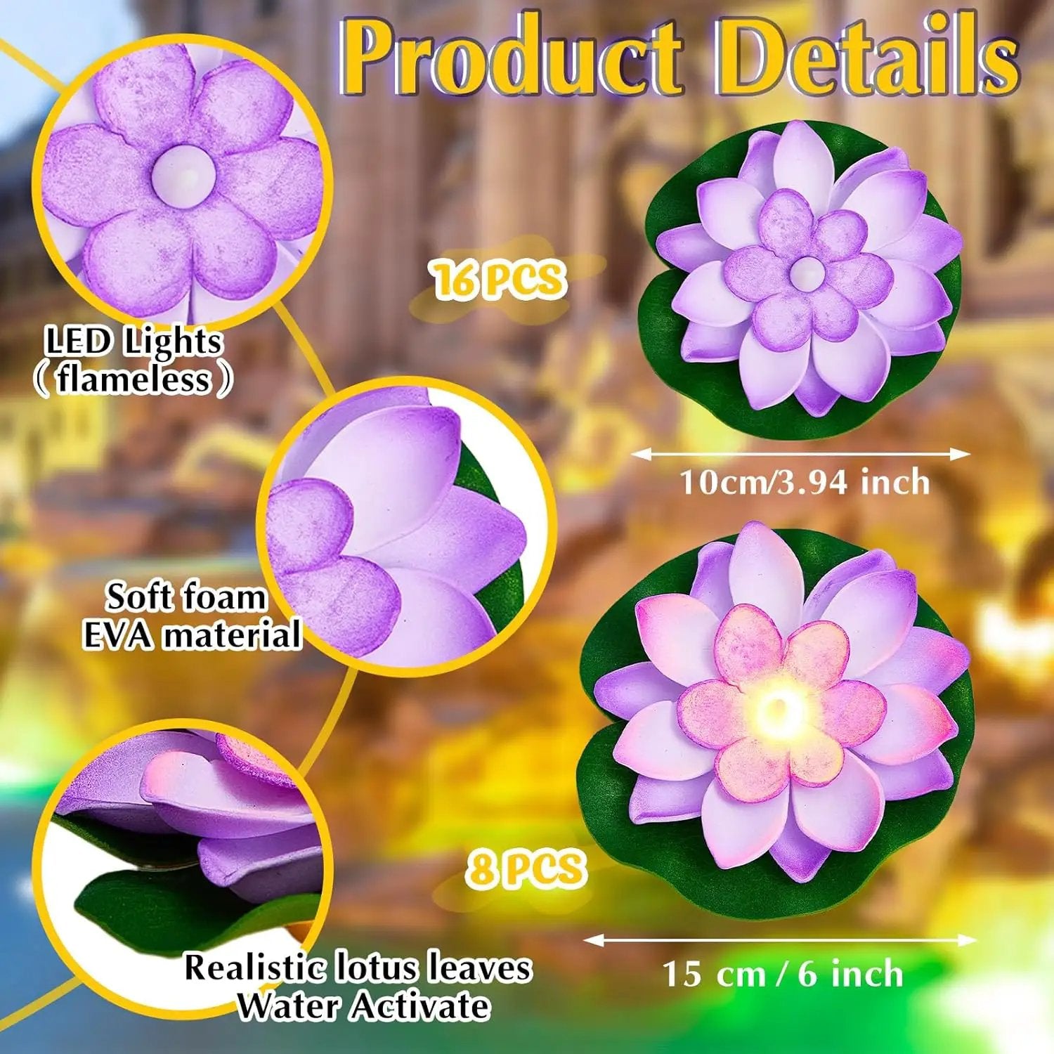 Liliful 24 Pcs Diwali Lotus Decoration Pool Floating Lights, Artificial Flowers Lotus with LED,Lily Pads Water Lantern for Indian Puja Home Decoration(3.94 Inch, 5.91 Inch,Purple) by GreenHaven Gardens