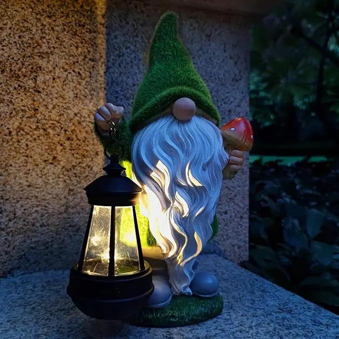 Solar Gnomes Garden Statues,Resin Gnome Figurine Holding Mushroom and Solar Lights Lantern,Outdoor Yard Art Decorations for Garden Patio Lawn by GreenHaven Gardens