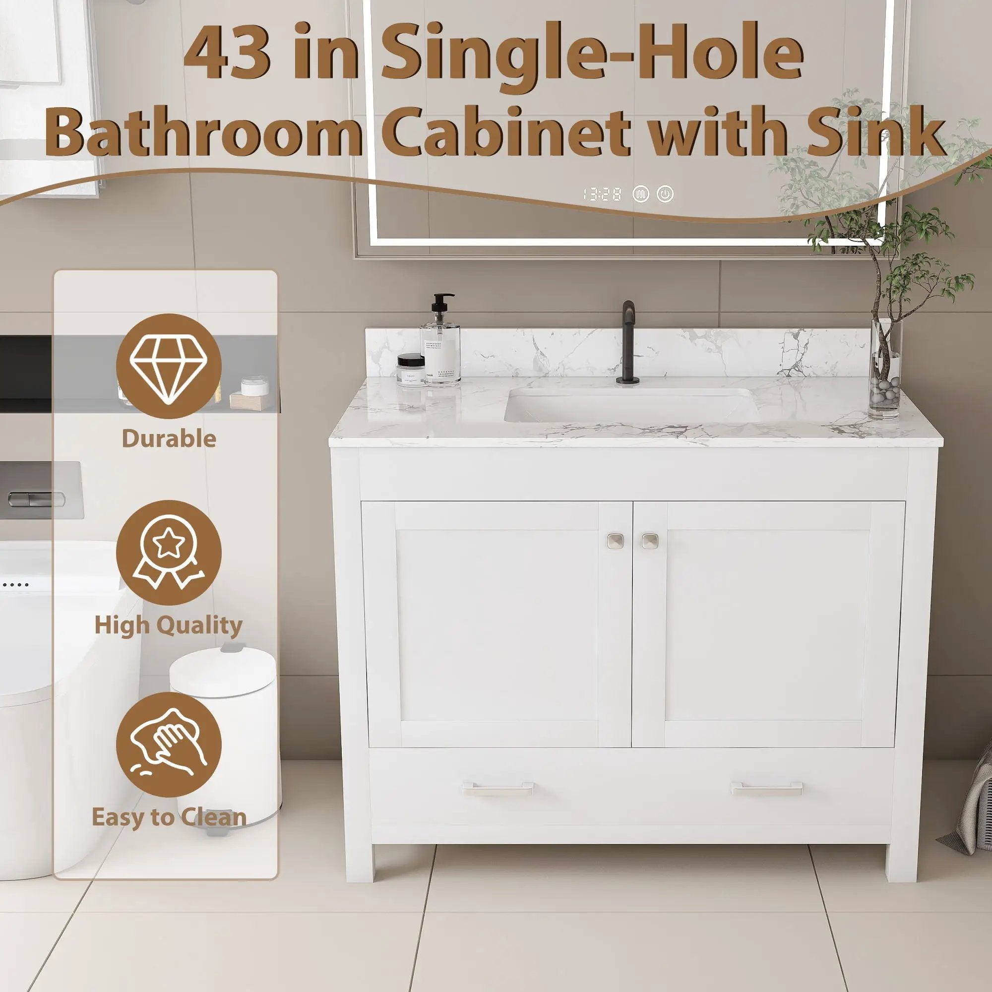 43" Bathroom Vanity With Artificial Marble Carrara Top Set, Multi Functional Cabinet With Doors And Drawer - White