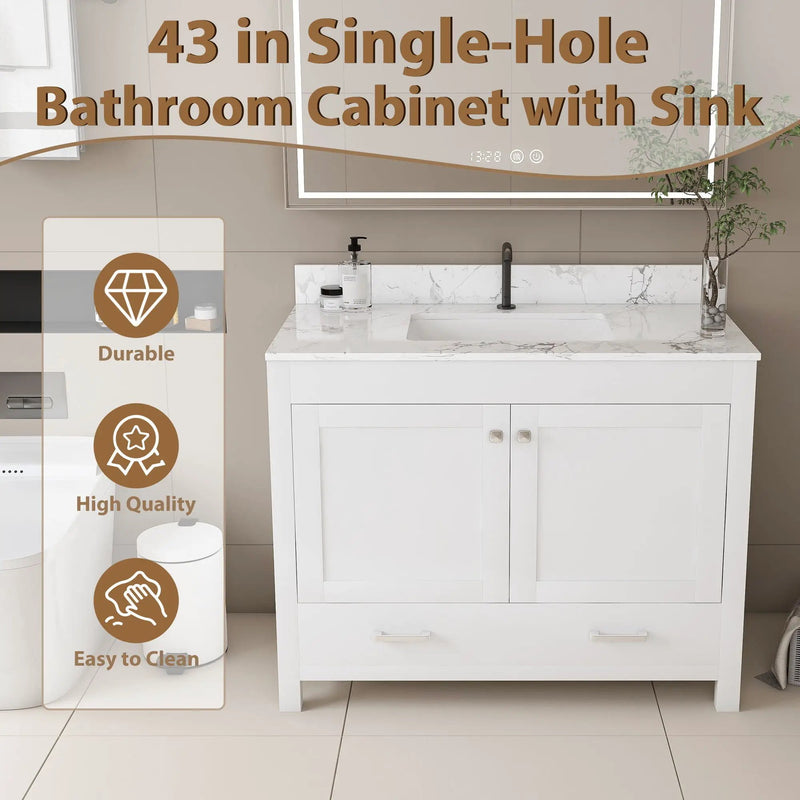 43" Bathroom Vanity With Artificial Marble Carrara Top Set, Multi Functional Cabinet With Doors And Drawer - White