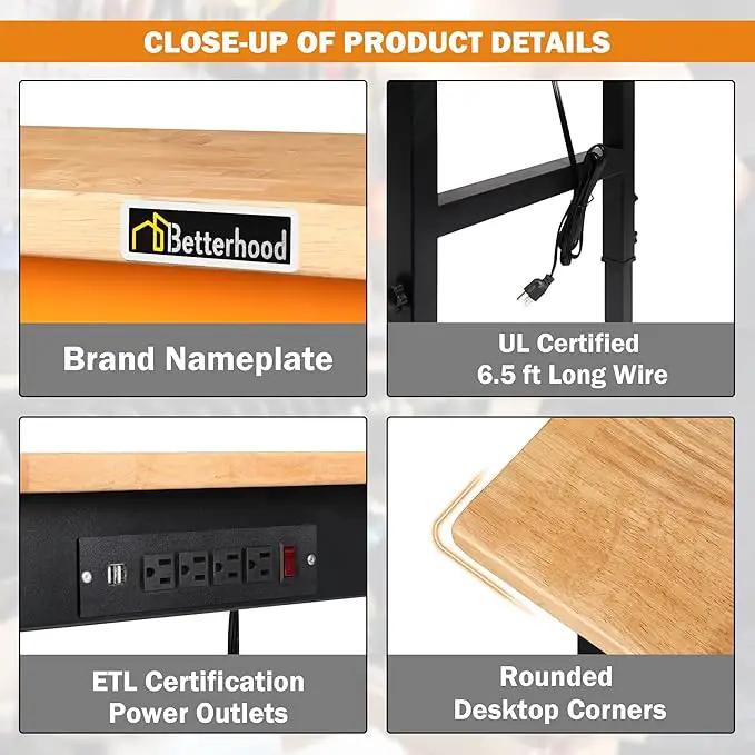 60" Adjustable Workbench for Garage, Rubber Wood Heavy Duty Workstation with Power Outlets & Wheels, 2000 LBS Load Capacity Hardwood Worktable for Workshop, Garage, Office, Home, Commercial by GreenHaven Gardens