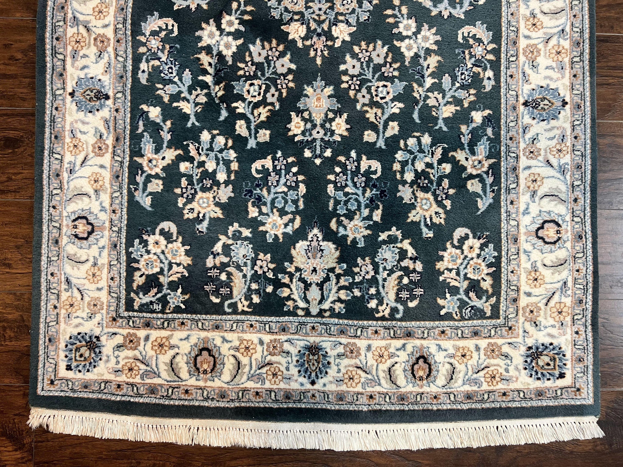 Green Indo Persian Rug 4x6, Floral Allover, Handmade Vintage Oriental Carpet, Sarouk Rug, Wool by Jewel Rugs