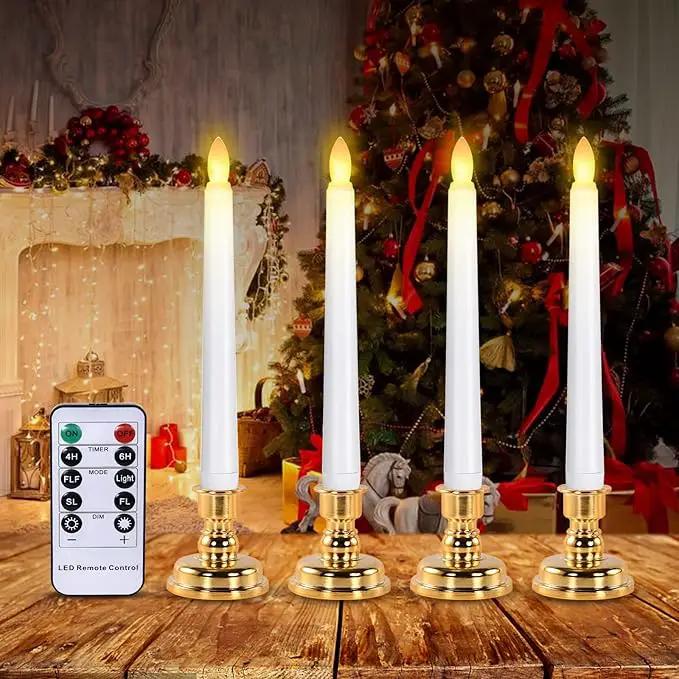 JOSU LED Window Candles, Christmas Flameless Window Candle Lights with Timer Battery Operated, 4 3D Wick Light Candle+4 Removable Gold Candleholders+Remote, for Decor &Festival Celebration by GreenHaven Gardens