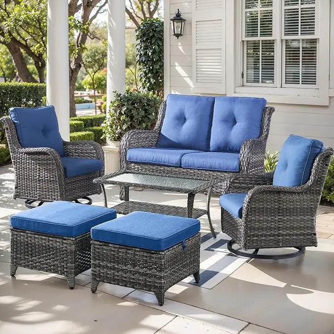 Outdoor Wicker Patio Furniture Set - 6 Piece Rattan Patio Conversation Set with 2 Rocking Swivel Chairs,2 Ottomans,1 Loveseat and 1 Coffee Table for Porch Deck Backyard Garden(Mixed Grey/Blue) by GreenHaven Gardens