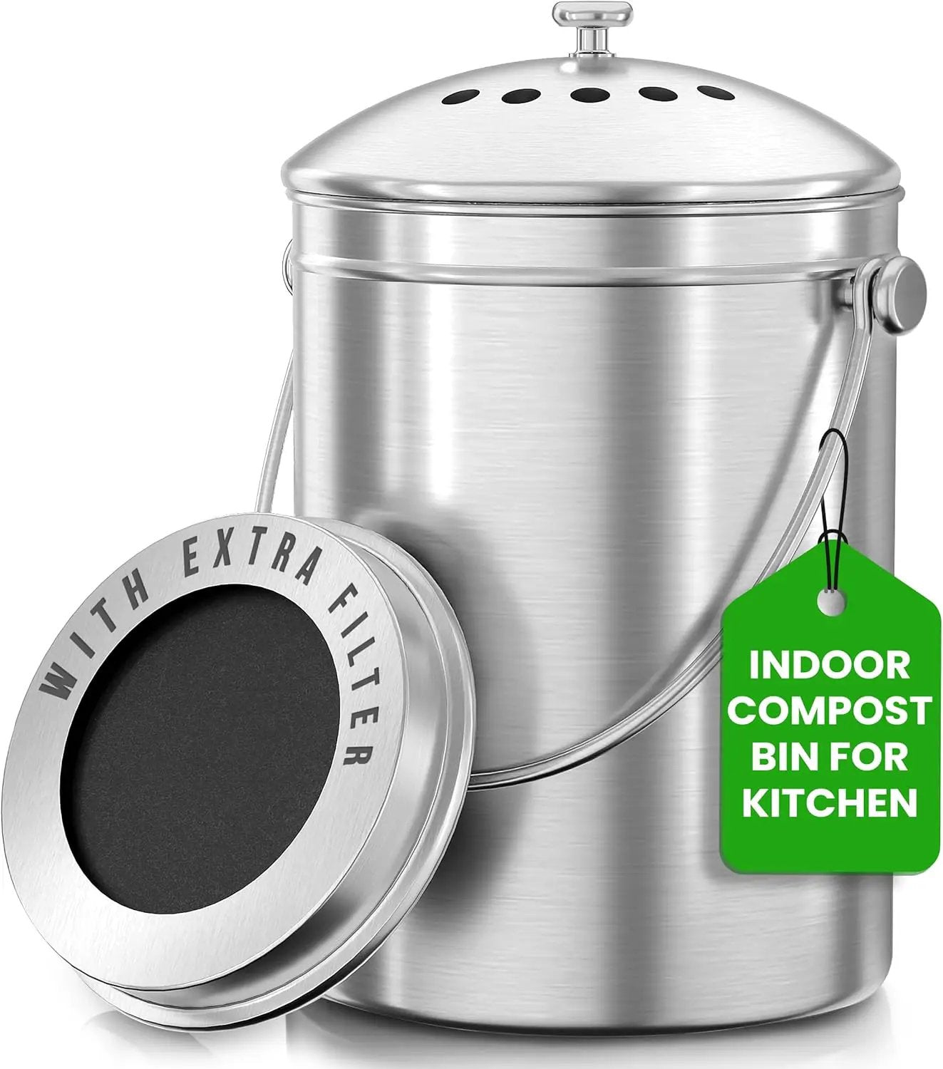 Utopia Kitchen Compost Bin for Kitchen Countertop, 1.3 Gallon Compost Bucket for Kitchen with Lid, Includes 1 Spare Charcoal Filter, Home Essentials - (Silver) by GreenHaven Gardens