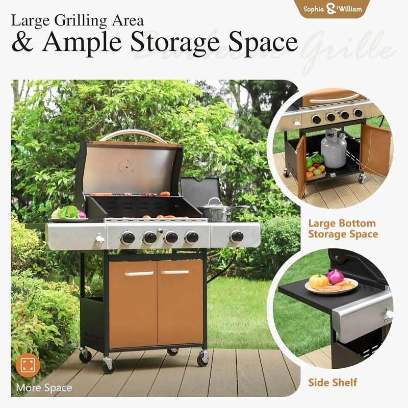 Sophia & William 4-Burner Gas BBQ Grill with Side Burner and Porcelain-Enameled Cast Iron Grates, 42,000BTU Propane Grills Outdoor Cooking Barbecue Grill Cabinet Style, Golden by GreenHaven Gardens