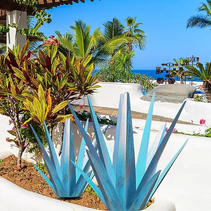 Enlarge Metal Plants Tequila Rustic Sculpture, Outdoor Patio Yard, Home Decor Hand Painted Agave Garden Statue, Outdoor Lawn Ornaments Yard Stakes for Mom Gift (1 Big Blue) by GreenHaven Gardens