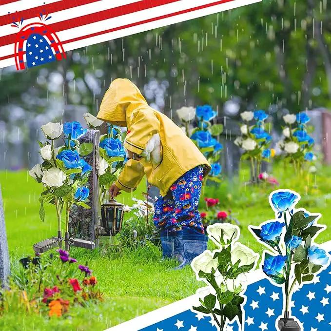 Woanger 4 Pcs Solar Flowers Cemetery Grave Decorations Outdoor LED Flower Lights with 6 Rose Powered Garden Stake Lights Waterproof for Independence Day Grave Decorations(Blue, White) by GreenHaven Gardens