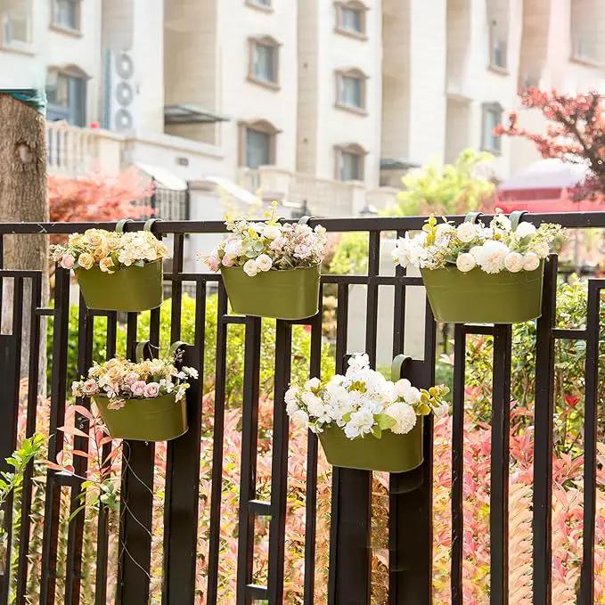 3 Pack Metal Hanging Flower Pots for Railing Fence，Outdoor Balcony Rail Planter with Detachable Hooks Drainage Holes for Deck Garden Home Decor Green by GreenHaven Gardens