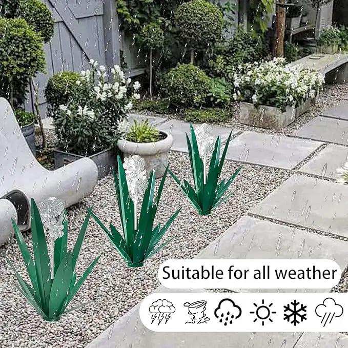 Metal Agave Plant Garden Art, 2 Pack Tequila Rustic Sculpture, Rustic Metal Agave Plants Garden Lawn Home Ornaments, for Yard Stakes, Garden Figurines, Outdoor Patio (2 PCS White Flowers) by GreenHaven Gardens