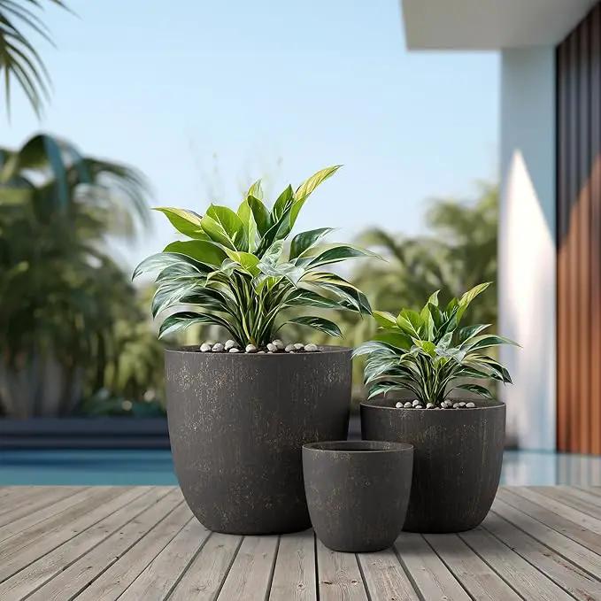 Kante 18",14",10" Dia Concrete Round Planters (Set of 3), Outdoor Indoor Large Planter Pots with Drainage Hole and Rubber Plug for Home Patio Garden, Oil Rubbed Bronze by GreenHaven Gardens