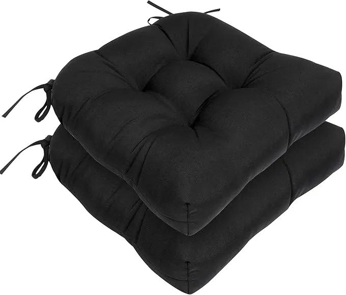 RACE LEAF Outdoor Cushions 17" x 17" Patio Chair Seat Pads, Set of 2 Thick Fill Tufted Square Patio Cushions, Water-Resistant Olefin Chair Seat Cushion with Ties for Non-Slip Support, Black by GreenHaven Gardens