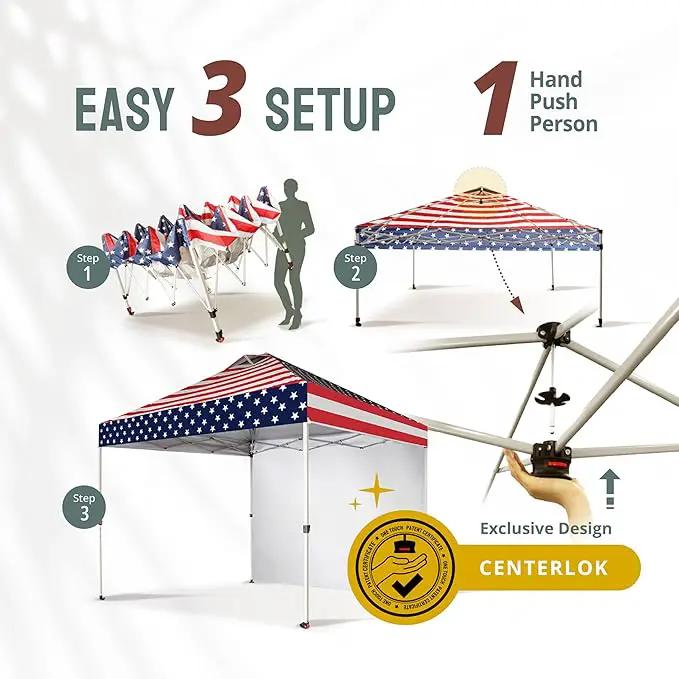 CROWN SHADES 10x10 Pop Up Canopy with 1 Side Wall - Beach Tent with One Push Setup - Outdoor Sun Shade for Events, Parties, Camping - Gazebo with STO-N-Go Cover Bag (American Flag) by GreenHaven Gardens