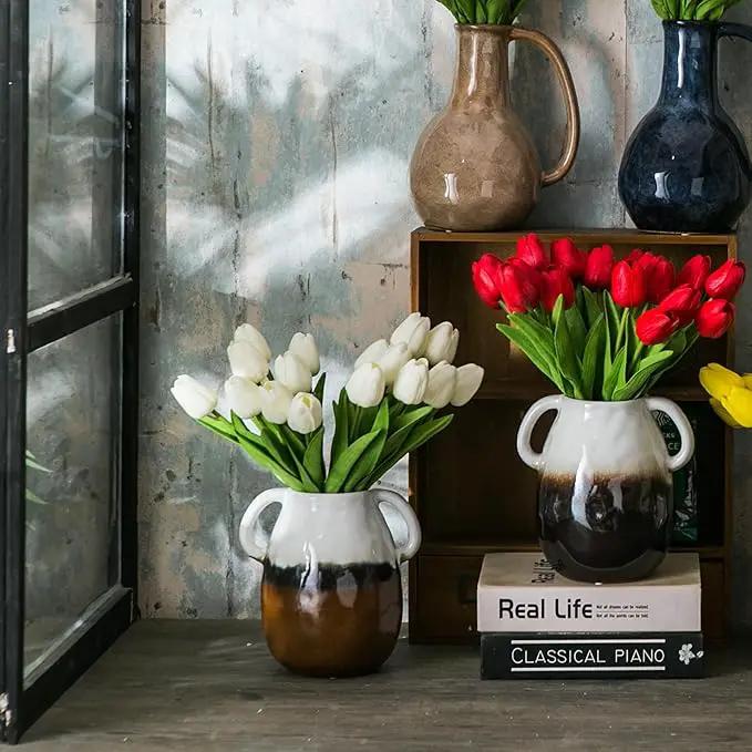 Multi Gradient Ceramic Vase with 2 Handles, Modern Farmhouse Decor, Rustic Terracotta Pottery, Decorative Flower Vases, Clay Small Vase, Centerpiece for Dining Table - 7 Inch Tall by GreenHaven Gardens