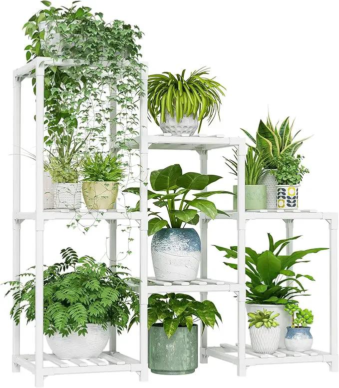 Bamworld Indoor Plant Stand Outdoor White Shelf Bamboo Plant Table for Multiple Plants 3 Tiers 7 Pots Ladder Holder Pot Window Garden Balcony Living Room by GreenHaven Gardens