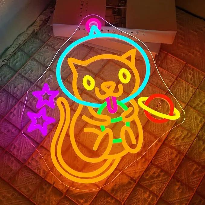 Astronaut Boba Tea Cat Neon Sign Cat Neon Lights for Wall Decor Cute Kitty with Stars Asteroids Anime Led Light Sign for Kids Bedroom Dimsum Store Cofes Bar Milk Tea Shop by GreenHaven Gardens