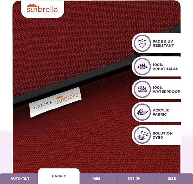 Midtown Umbrellas Sunbrella Umbrella 9 Feet Outdoor Umbrella With Red Acrylic Fabric - Auto-Tilt Aluminum Frame Patio Umbrella For Backyard, Deck, Garden, Pool - Black Pole by GreenHaven Gardens