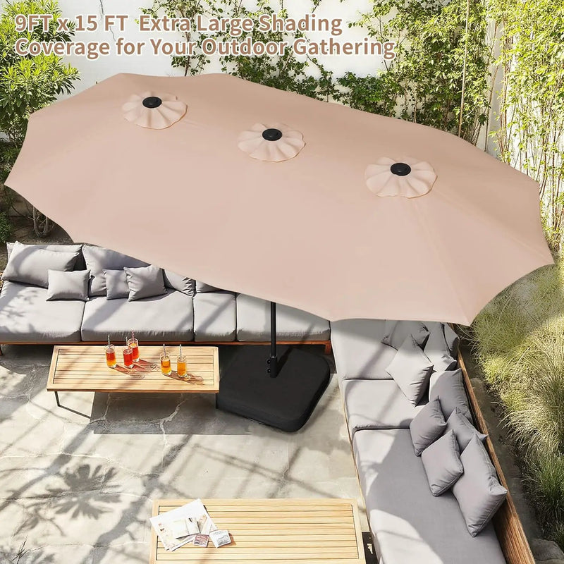 Shintenchi 16FT Large Patio Umbrella with Base, Outdoor Double-Sided Rectangular Umbrella, Market Umbrella with Crank Handle for Poolside Lawn Garden, Khaki by GreenHaven Gardens