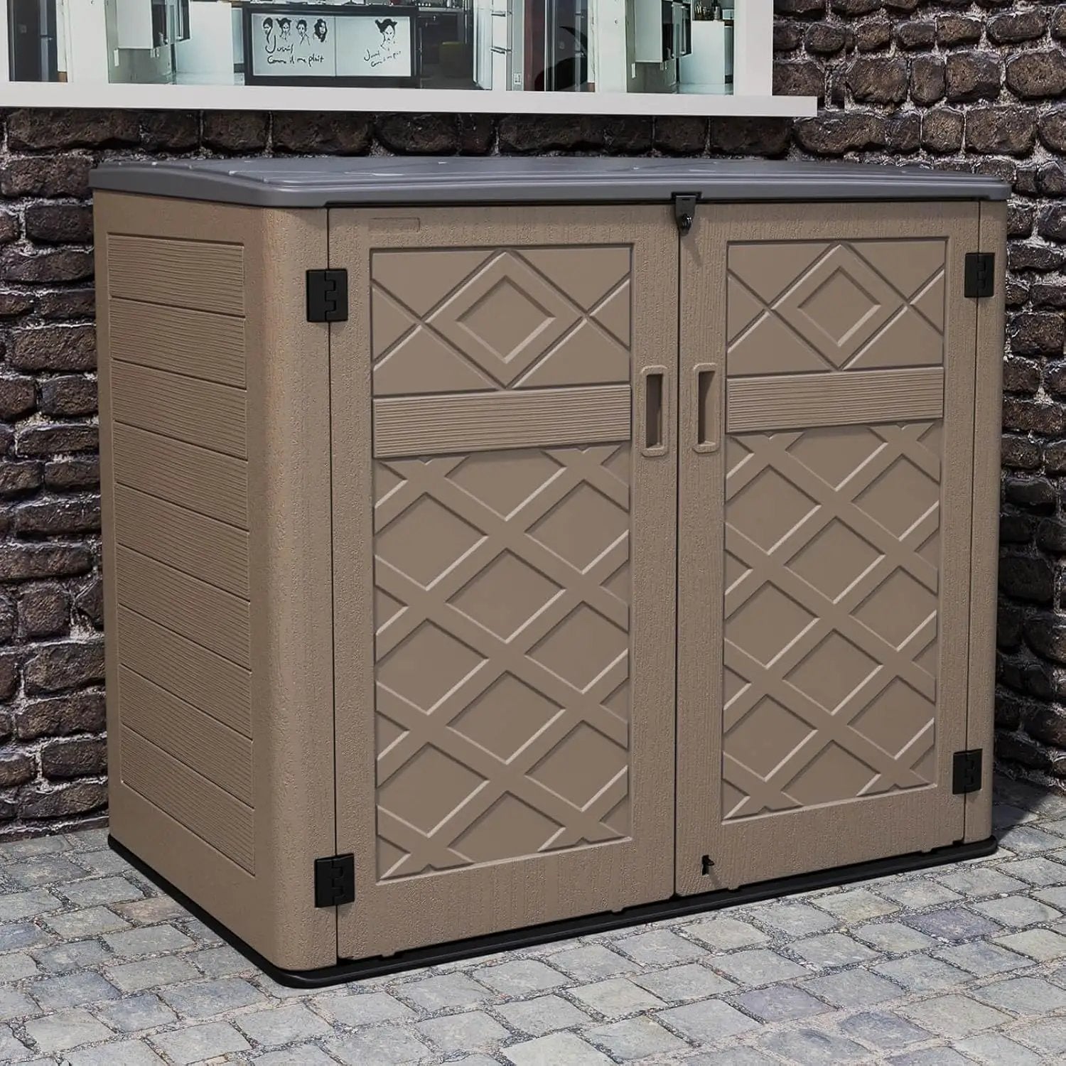 HOMSPARK Storage Shed Weather Resistance, Multi-Purpose Outdoor Storage Cabinet Waterproof, Outdoor Storage Cabinet for Bike, Garbage Cans, Lawnmower, Garden Accessories (coffee, Extra Large-48 cu ft) by GreenHaven Gardens