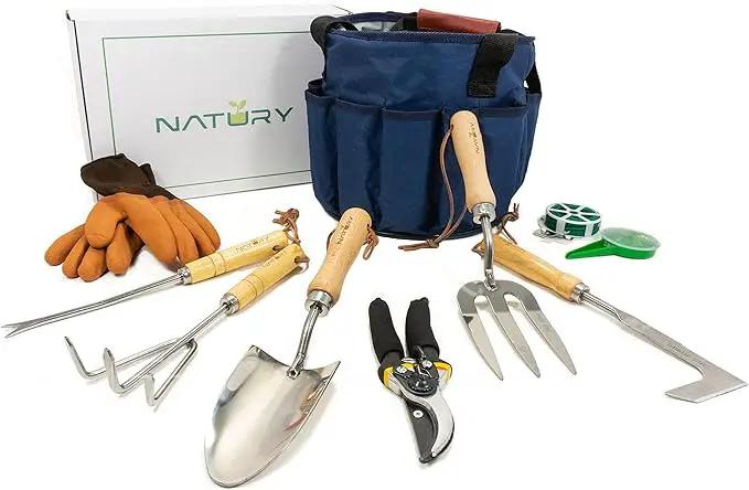 Garden Tools Set – Premium Stainless Steel Gardening Hand Tools with Solid Beechwood Handle – Gardening Kit with Rake, Shovel, Gloves, Shears, Tool Organizer – Garden Gifts for Women and Men by GreenHaven Gardens