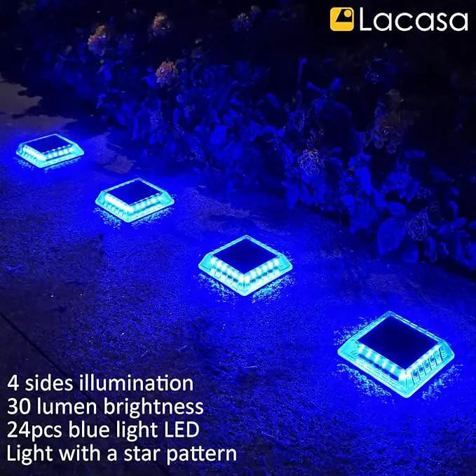 Lacasa Solar Deck Lights, 4 Pack 30LM LED Dock Lights Blue Light, Outdoor Solar Powered Step Lights Light up All Night IP68 Waterproof Auto ON/Off for Garden Stairs Driveway Pathway Lighting by GreenHaven Gardens