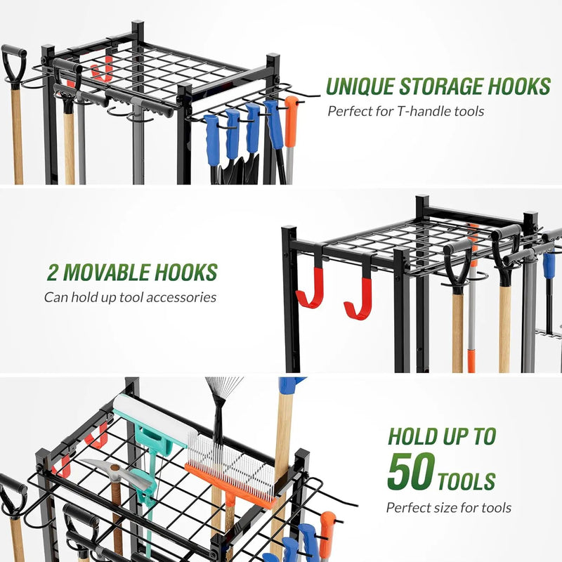 Garden Tool Organizer Rack Up to 50 Tools, Heavy-Duty Steel Yard Tool Organizer for Garage Storage with 11 Hooks, Broom Holder & Garden Tool Rack for Shed, Patio, Outdoor Use, Black by GreenHaven Gardens