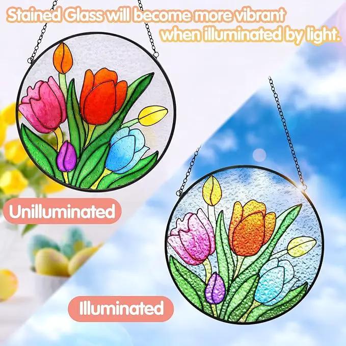 Tuitessine Tulip Suncatcher Stained Glass Window Hanging Panels, 6.3''x6.3'' Round Handmade Hanging Ornament with Chain, Garden Patio Wall Decor Flower Gift for Mom Teachers Friends by GreenHaven Gardens