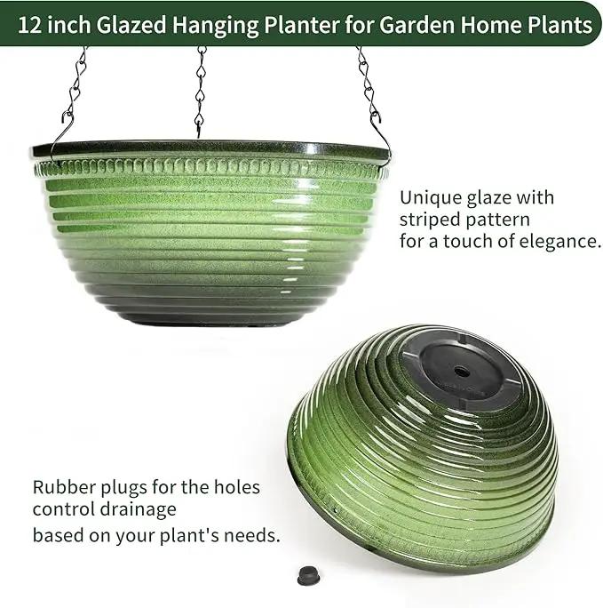 12 inch Hanging Planters for Indoor Outdoor Plants, 2 Pack Large Hanging Flower Pots with Drainage Holes and Chain, Glazed Hanging Baskets for Home Garden Decoration, Green by GreenHaven Gardens