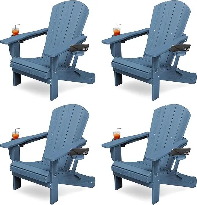 KINGYES Folding Adirondack Chair Set of 4, Dual Cup Holders & All-Weather HDPE, Wood-Like Patio Chair for Backyard, Camping, Pool & Fire Pit, Navy by GreenHaven Gardens