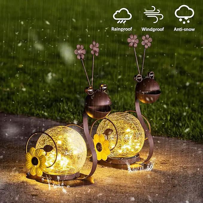 Solar Snail Garden Lights - 2 Pack Cracked Glass, Warm White Metal, Waterproof for Patio Yard Lawn by GreenHaven Gardens