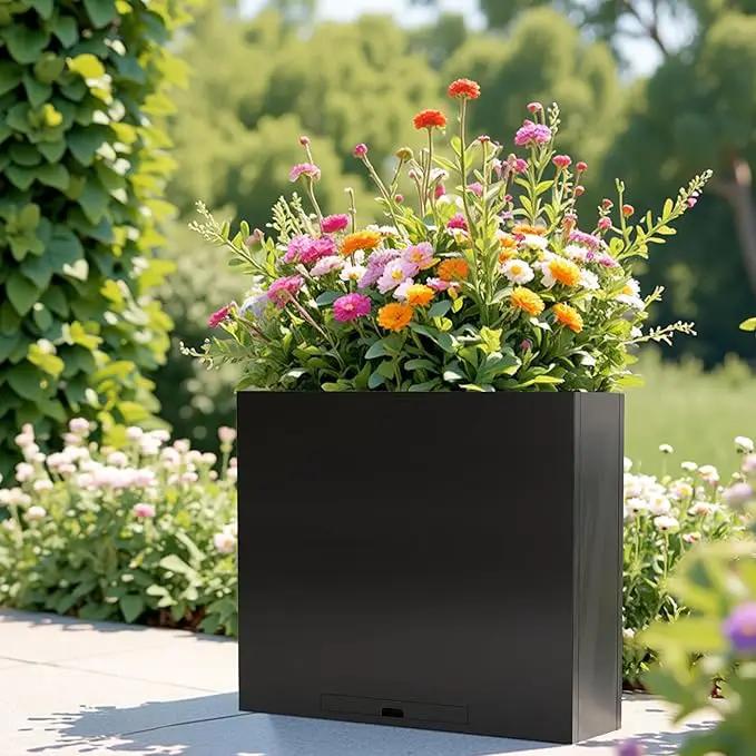 KOL Galvanized Steel Planter Box, with Insert Tray Drainage Holes, Rectangular Black Powder Coated Metal Planter, Outdoor Use, Heavy Duty Modern Flower Pot (Black, 36" H x 11" W x 32" L) by GreenHaven Gardens