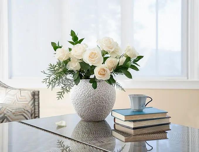White Ceramic Vase Flower Vase, Big Textured Round Vase for Centerpieces, Kitchen, Living Room, Bedroom Decor Gifts by GreenHaven Gardens