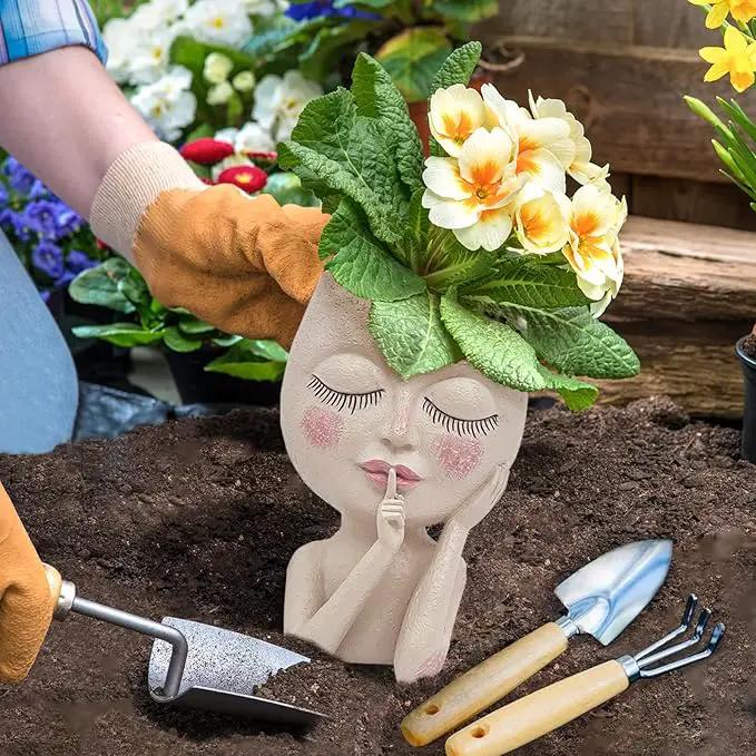 Solar Face Flower Pot,Head Planter Pot,with Led String Lights Succulent Planter Light,Warterproof Resin Cactus Planters,Cute Closed Eyes Lady Face Planter,for Indoor Outdoor Plant Garden Decor (Large) by GreenHaven Gardens