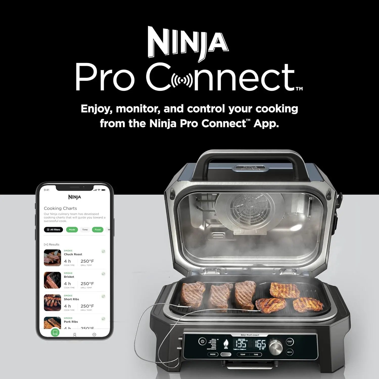 Ninja OG951 Woodfire Pro Connect Premium XL Outdoor Grill & Smoker, Bluetooth, App Enabled, 7-in-1 Master Grill, BBQ Smoker, Outdoor Air Fryer, Woodfire Technology, 2 Built-In Thermometers, Black by GreenHaven Gardens