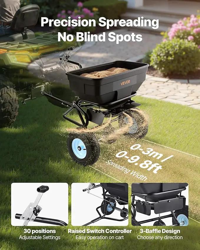 VEVOR Tow Behind Broadcast Spreader, 130LBS Capacity, Tow-Behind Lawn Spreader with 13 in Tires, 30 Adjustable Setting & 9.8 ft Spreading Width, Lawn Spreaders for Seed, Fertilizer, Salt, Ice Melt by GreenHaven Gardens