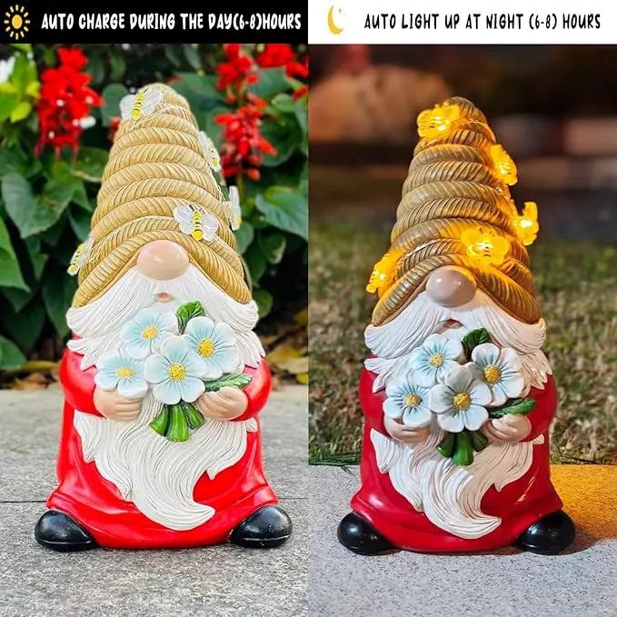 Outdoor Garden Gnomes Statue, Bee Flower Gnome Sculpture, with Solar LED Lights for Yard, Patio, Lawn Ornaments for Garden, Patio Gnome Gifts for Mom by GreenHaven Gardens