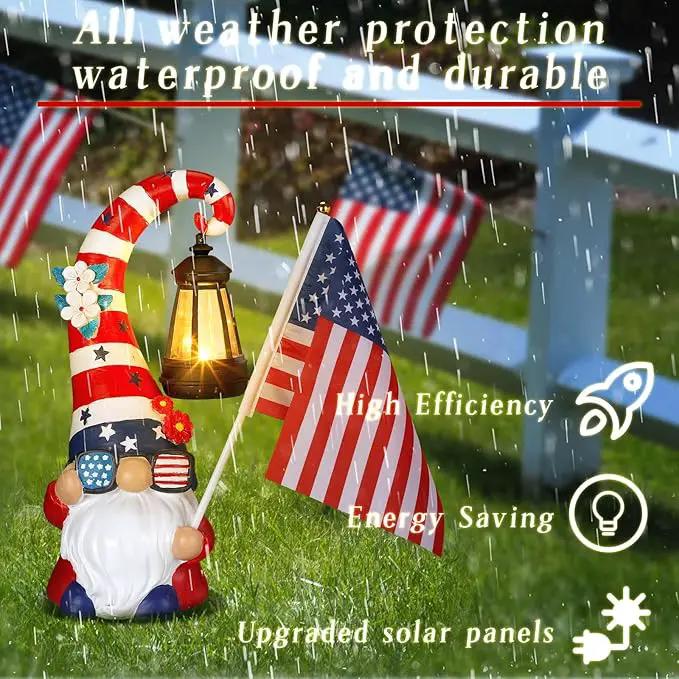 VIHOSE 11.8 Inch 4th of July Patriotic Solar Gnomes Statues USA Solar Gnome Outdoor Figurine Lights for Outside Lawn Ornaments Garden Porch Patio Balcony Yard Fourth of July Gifts for Mom Women by GreenHaven Gardens