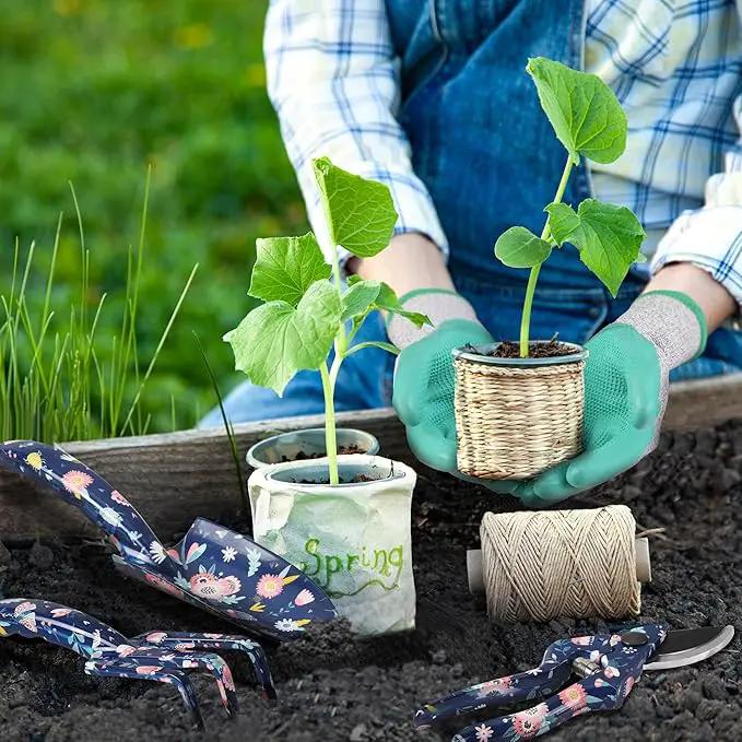 WORKPRO Aluminum Garden Tool Set, 4PCS Heavy Duty Hand Garden Tools with Box Include Trowel, Rake, Pruner, Garden Gloves, Floral and Insect Printing, Garden Gifts by GreenHaven Gardens