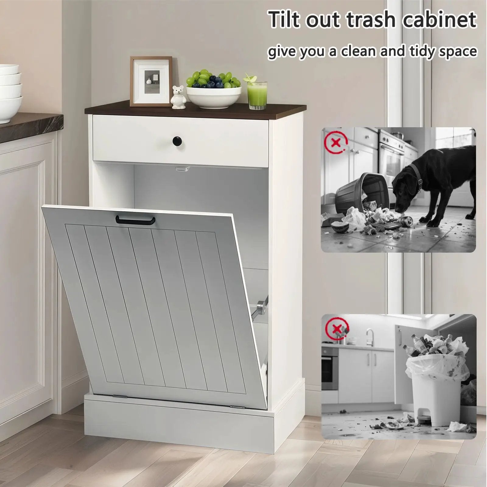 Tilt Out Trash Cabinet With Drawer, 10 Gallon Hamper - White by Unique Piece Furniture