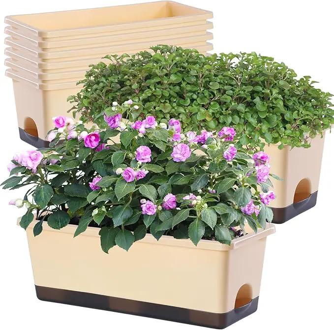 Window Box Planter 8 Pcs, 17 Inches Rectangle Flower Pots with Drainage Holes and Trays, Vegetable Planters for Windowsill Patio Garden Balcony Home Porch Yard Indoor Outdoor (Barley Yellow) by GreenHaven Gardens