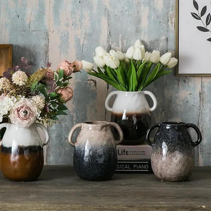 White Gradient Ceramic Vase with 2 Handles, Modern Farmhouse Decor, Rustic Terracotta Pottery, Decorative Flower Vases, Clay Small Vase, Centerpiece for Dining Table - 7 Inch Tall by GreenHaven Gardens